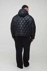 Plus Oversized Boxy High Shine Quilted Hooded Funnel Puffer Jacket
