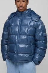 Regular Fit High Shine Quilted Hooded Puffer Jacket