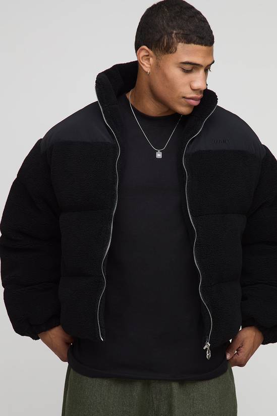 Boxy Fit Borg Nylon Mix Funnel Neck Puffer Jacket