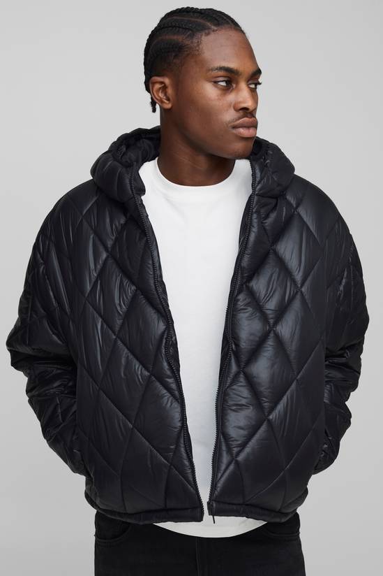 Oversized Boxy High Sheen Diamond Quilted Hooded Funnel Puffer Jacket