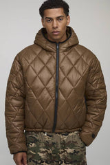 Oversized Boxy High Sheen Diamond Quilted Hooded Funnel Puffer Jacket