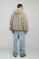 Tall Oversized Hooded Faux Fur Zip Through Jacket In Stone