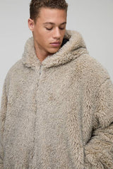 Tall Oversized Hooded Faux Fur Zip Through Jacket In Stone