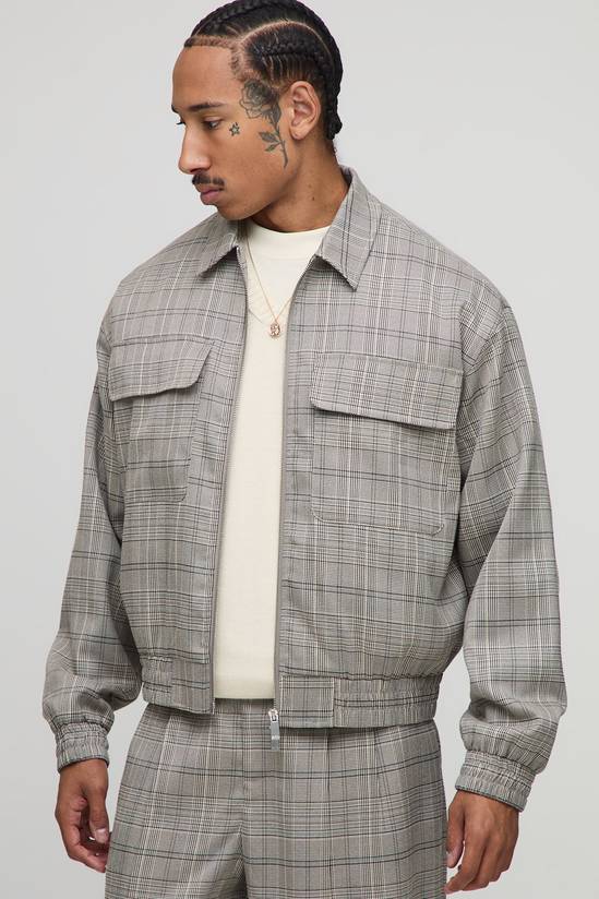 Checked Oversized Boxy Cargo Pocket Harrington Jacket