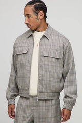 Checked Oversized Boxy Cargo Pocket Harrington Jacket