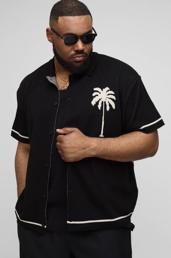 Plus Relaxed Palm Scenic Jacquard Knitted Shirt