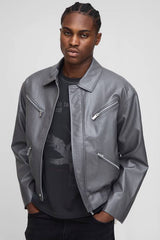 Boxy Fit Zip Detail PU Collared Bomber Jacket