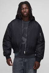 Oversized Boxy Curved Hem Hooded Nylon Bomber Jacket
