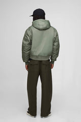 Oversized Boxy Curved Hem Hooded Nylon Bomber Jacket