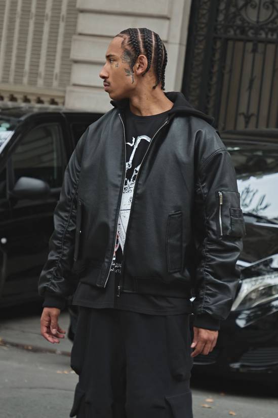 Oversized Textured PU Jersey Hooded Bomber Jacket