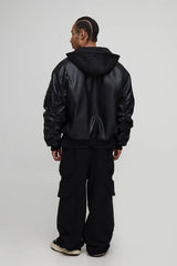 Oversized Textured PU Jersey Hooded Bomber Jacket
