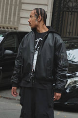 Oversized Textured PU Jersey Hooded Bomber Jacket