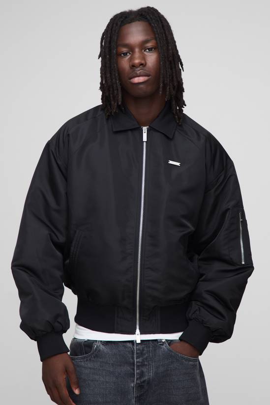 Boxy Fit Satin Look Nylon Collared Bomber Jacket