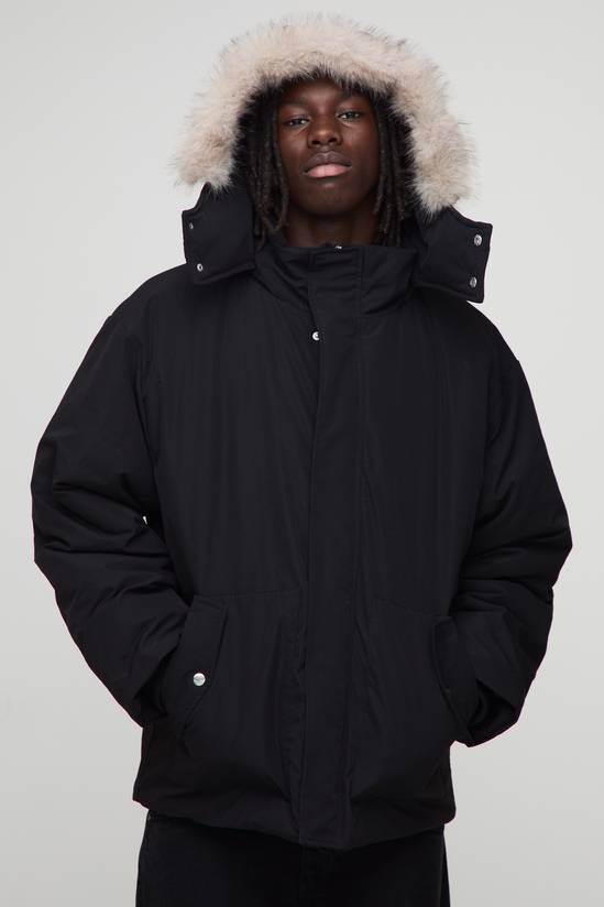 Oversized Faux Fur Trim Hooded Funnel Parka Jacket