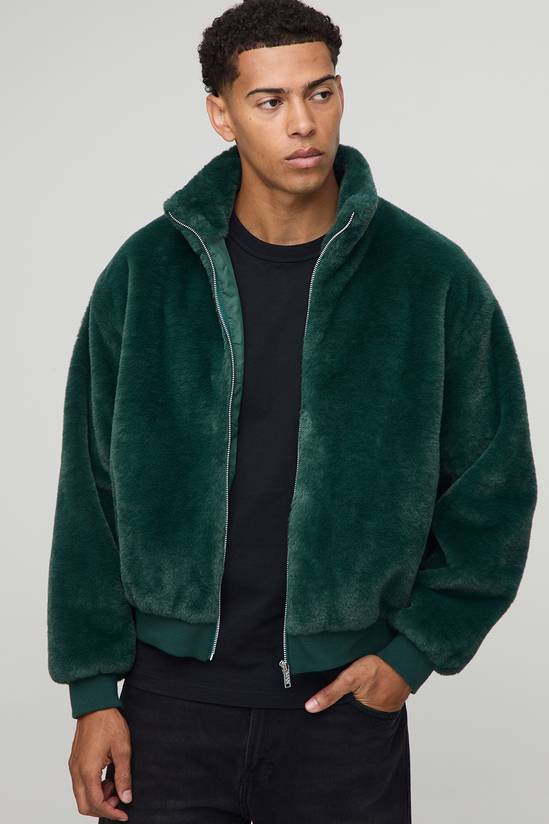 Regular Fit Faux Fur Funnel Neck Bomber Jacket