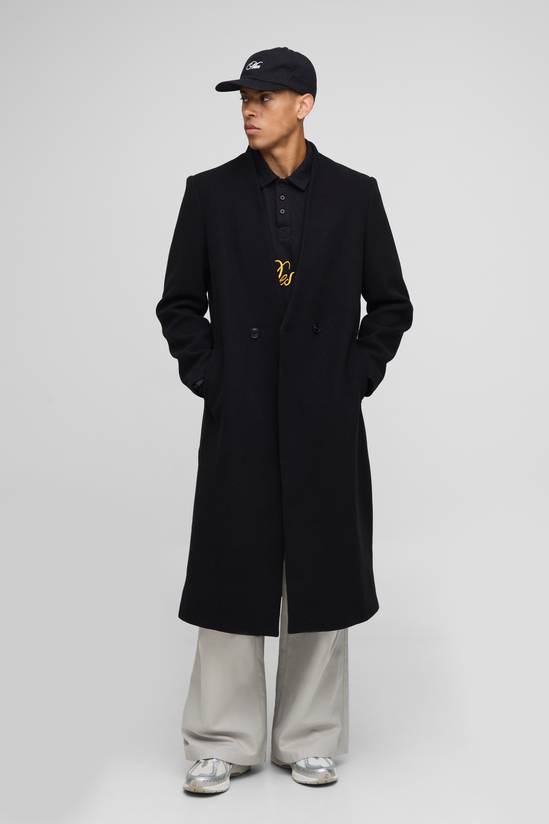 Oversized Longline Double Breasted Collarless Melton Overcoat