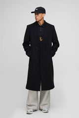 Oversized Longline Double Breasted Collarless Melton Overcoat