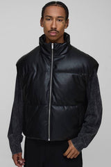 Boxy Fit Curved Hem PU Puffer Gilet