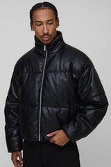 Boxy Fit Curved Hem PU Puffer Jacket