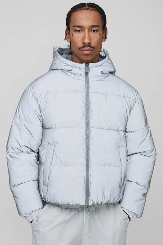 Oversized Boxy Crinkle Reflective Fabric Hooded Puffer Jacket