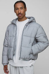 Oversized Boxy Crinkle Reflective Fabric Hooded Puffer Jacket