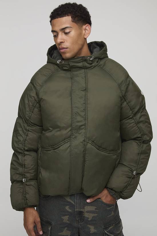 Oversized Fit Ruched Sleeve Panelled Puffer Jacket