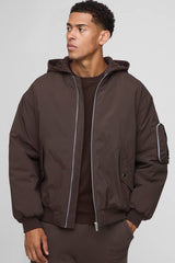 Oversized Fit PU Applique Nylon Hooded Bomber Jacket