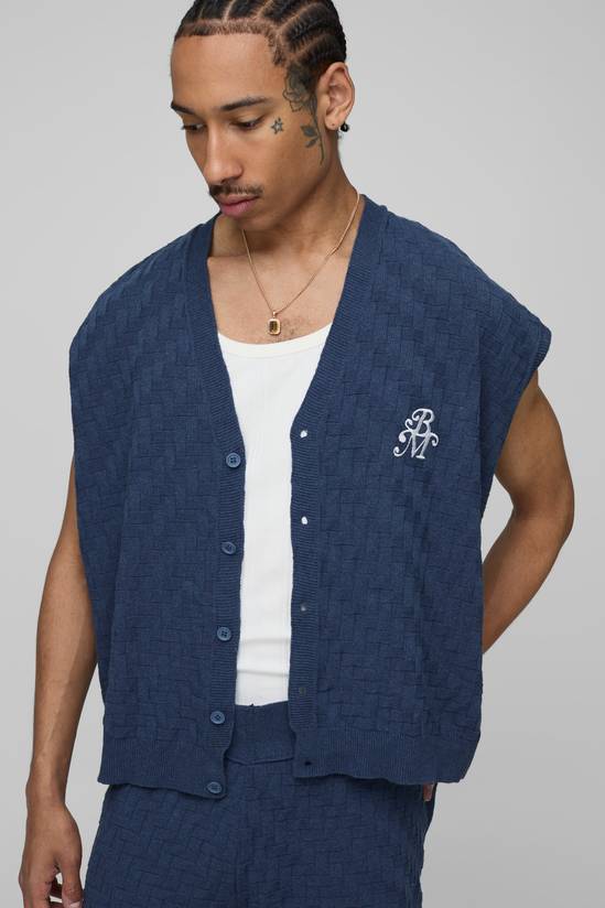 BM Embroidered Regular Fit Crosshatch Knitted Button Up Vest