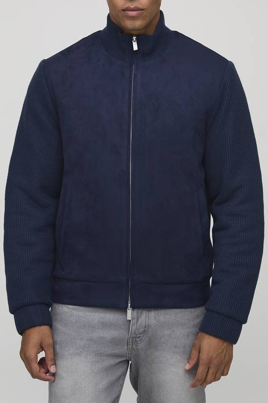 Regular Fit Textured Sleeve Faux Suede Funnel Neck Jacket