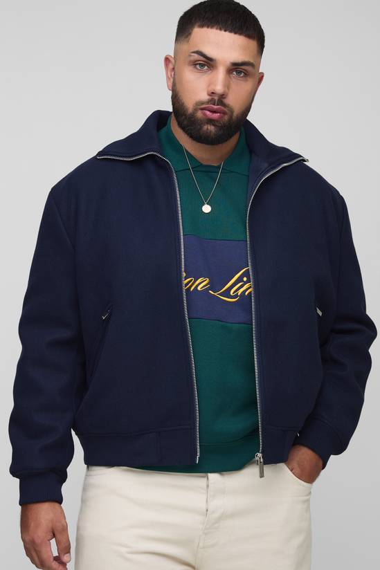 Plus Boxy Fit Knitted Collar Zip Up Wool Look Bomber Jacket