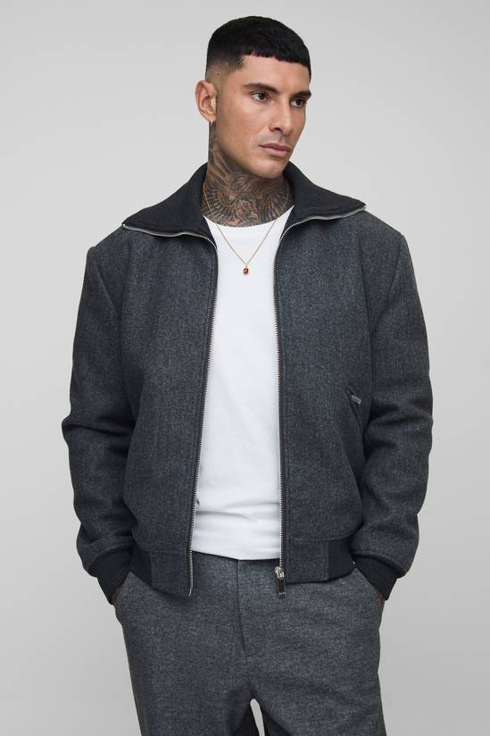 Tall Knitted Collar Zip Up Wool Look Bomber Jacket