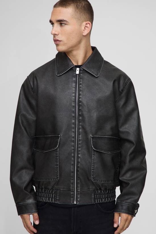Oversized Washed PU Pocket Detail Collared Bomber Jacket