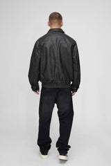 Oversized Washed PU Pocket Detail Collared Bomber Jacket