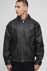 Oversized Washed PU Pocket Detail Collared Bomber Jacket