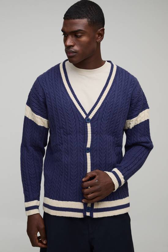 Oversized Drop Shoulder Boucle Cable Knitted Preppy Cardigan