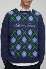 Boxy Embroidered Diamond Argyle Knitted Jumper