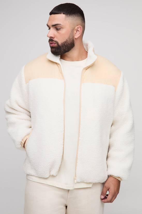 Plus Regular Fit Borg Zip Through Nylon Panel Funnel Neck Jacket