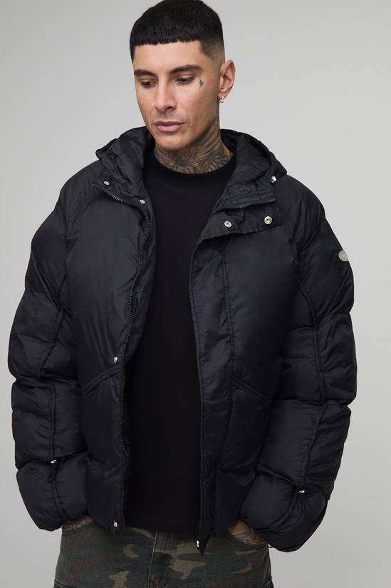 Tall Oversized Fit Ruched Sleeve Panelled Puffer Jacket
