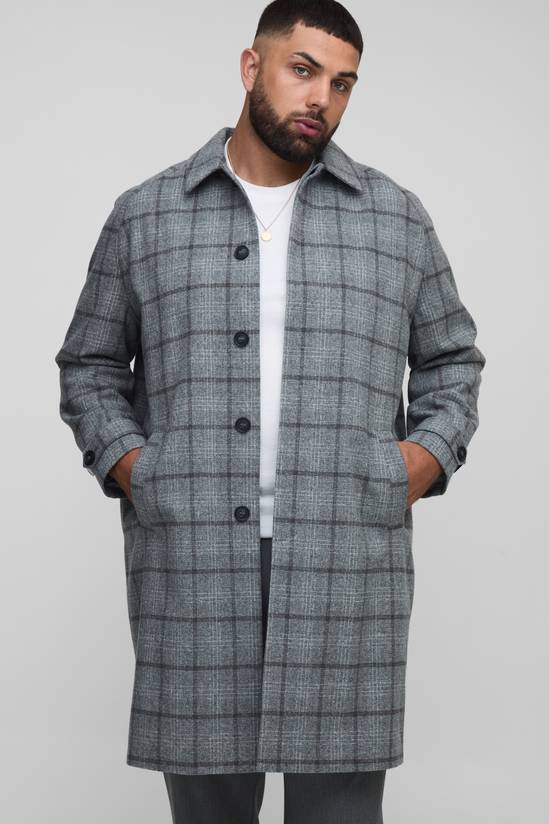 Plus Regular Fit Raglan Single Breasted Check Collar Buckle Car Coat