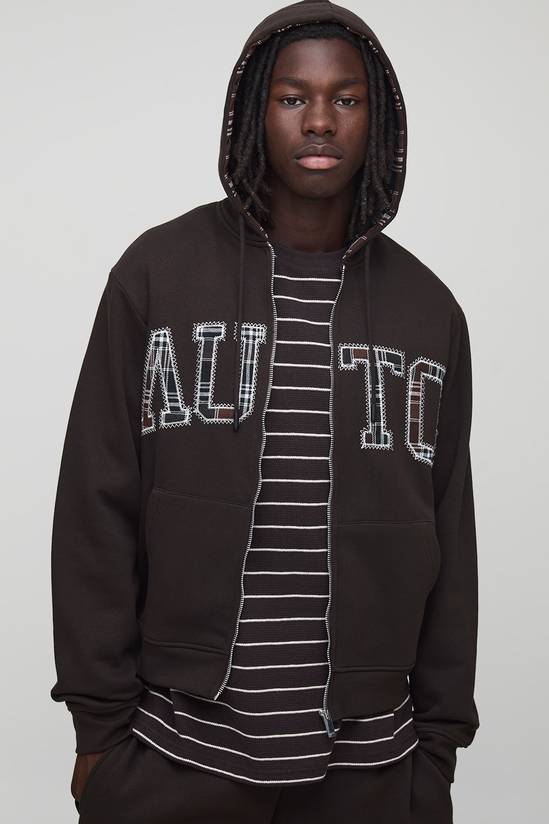Chocolate Check Applique Zip Through Hoodie