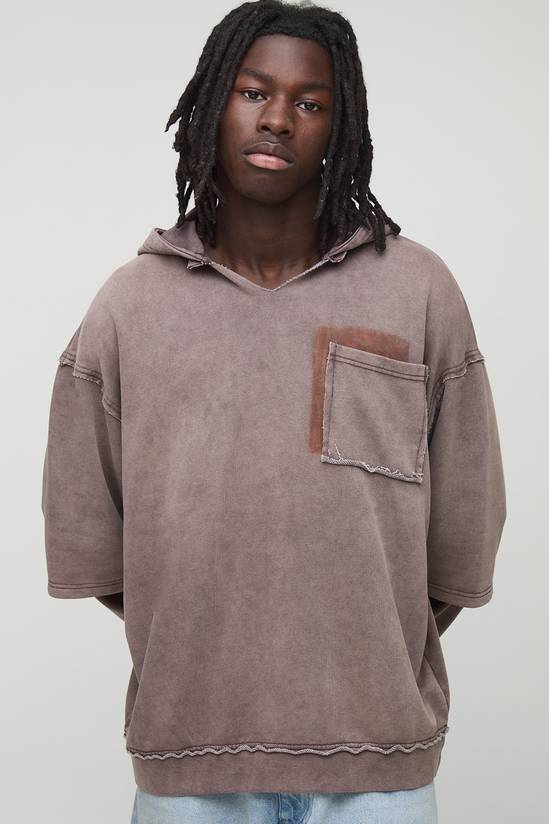 Coffee Oversized Stone Washed Raw Collar Pocket Hoodie