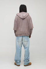 Coffee Oversized Stone Washed Raw Collar Pocket Hoodie