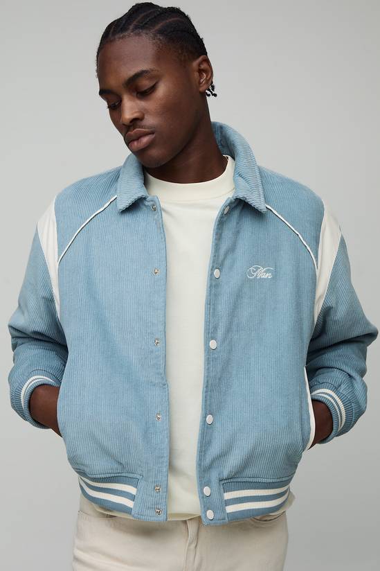 Regular Fit PU Panel Cord Back Applique Bomber Jacket