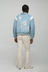 Regular Fit PU Panel Cord Back Applique Bomber Jacket