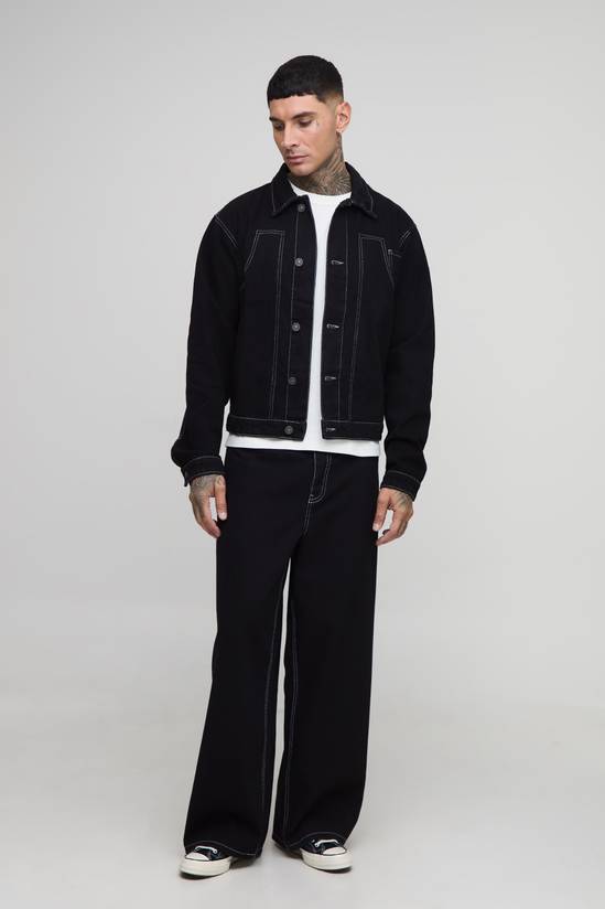 Tall Oversized Boxy Contrast Stitch Worker Denim Jacket