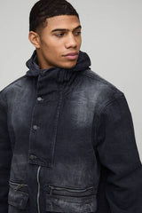 Oversized Funnel Neck Crinkle Acid Wash Jacket