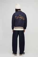 Boxy Fit Faux Suede Chunky Rib Embroidered Bomber Jacket