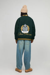 Oversized Fit Melton Funnel Neck Embroidered Crest Bomber Jacket