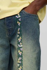 Relaxed Floral Embroidery Denim Jeans with Let Down Hem