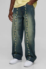 Relaxed Floral Embroidery Denim Jeans with Let Down Hem